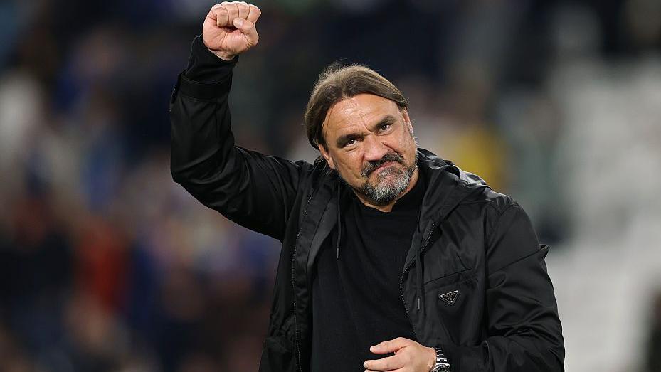 Daniel Farke, Manager of Leeds United, celebrates with the fans