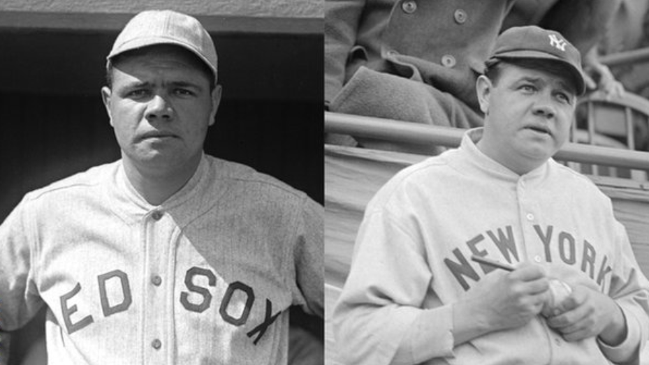 A split image of Babe Ruth pictured in Boston Red Sox and New York Yankees uniforms