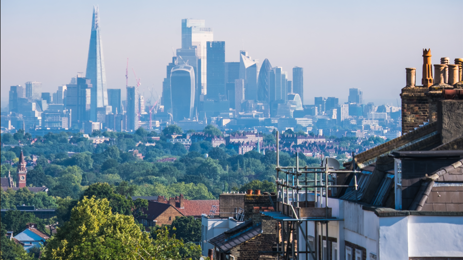 Some houses in the foreground with the City skyline of skyscrapers in the distance, with tress dotted about in between the two.