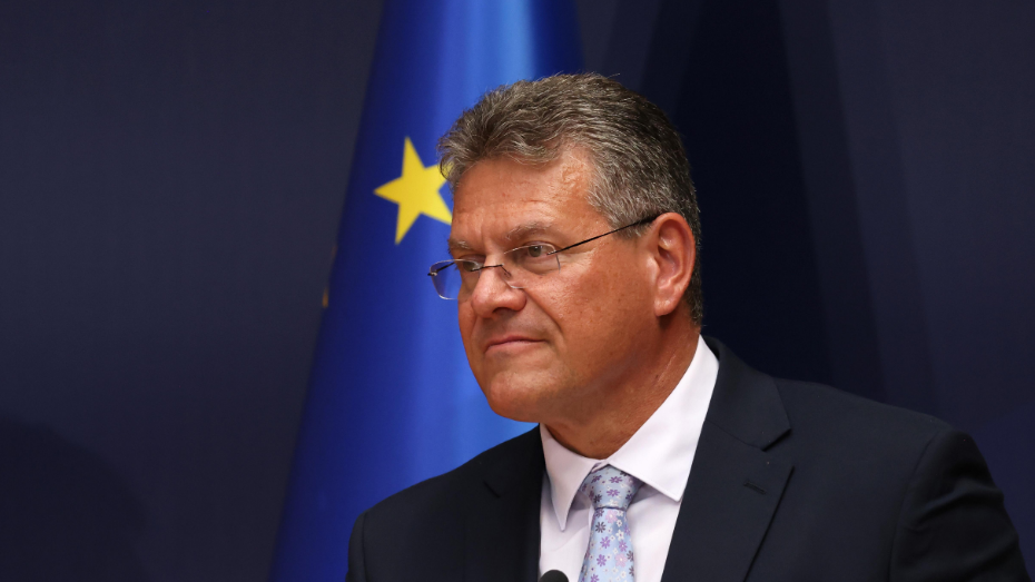 Blue EU flag in the background with yellow star. 
Maroš is wearing thin rimmed glasses, has short dark grey hair.
He has a baby blue tie on with pink and purple spots and a white shirt underneath a navy blazer. 