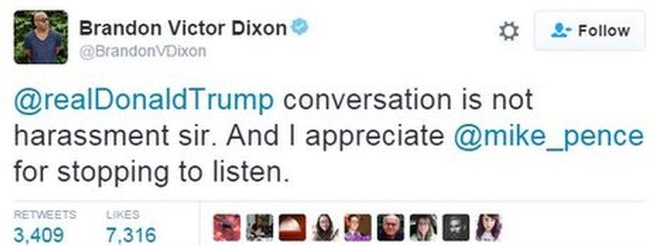 A tweet from actor Brandon Dixon, saying: "@realDonaldTrump conversation is not harassment sir. And I appreciate @mike_pence for stopping to listen."