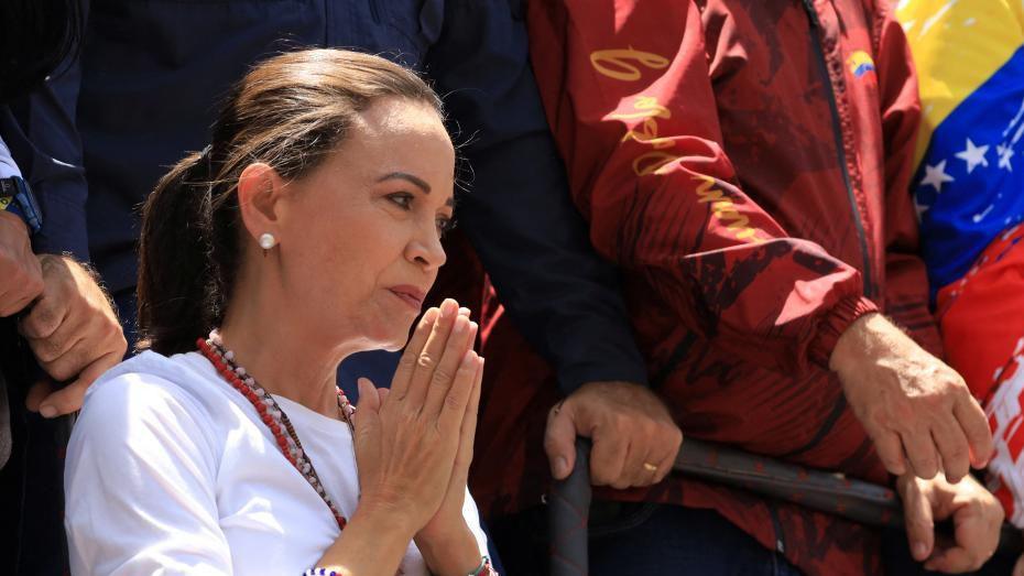 Venezuelan opposition leader Maria Corina Machado gestures during a march amid the disputed presidential election, in Caracas, Venezuela August 3, 2024.