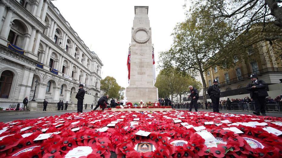 Picture taken from low down of poppy wreaths on the ground in front of the Cenotaph in London.