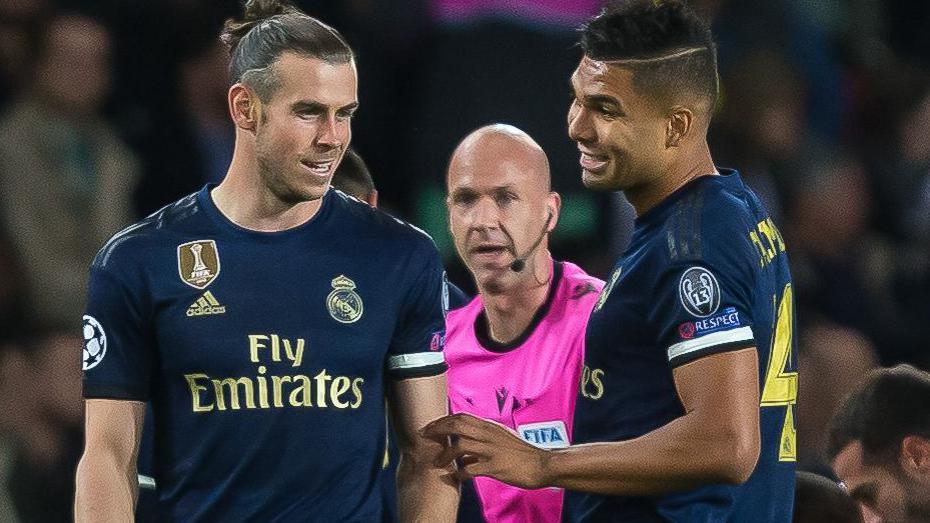 Gareth Bale and Casemiro pictured during the Champions League match between Paris St-Germain and Real Madrid in 2019