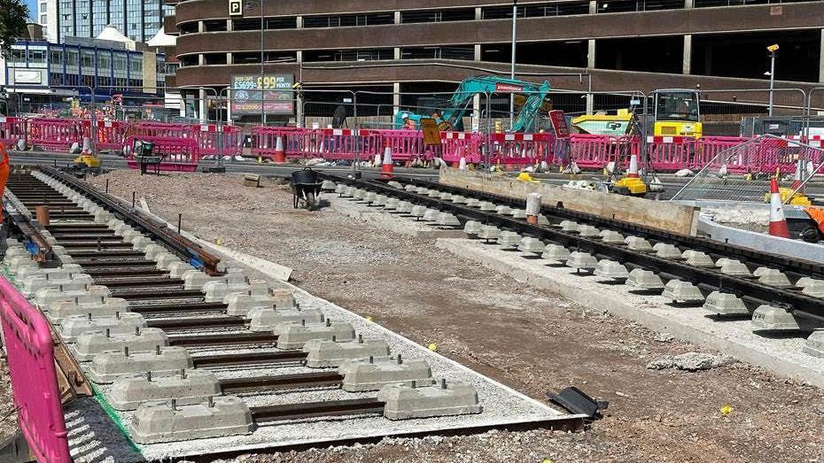 Tram tracks laid on a building site