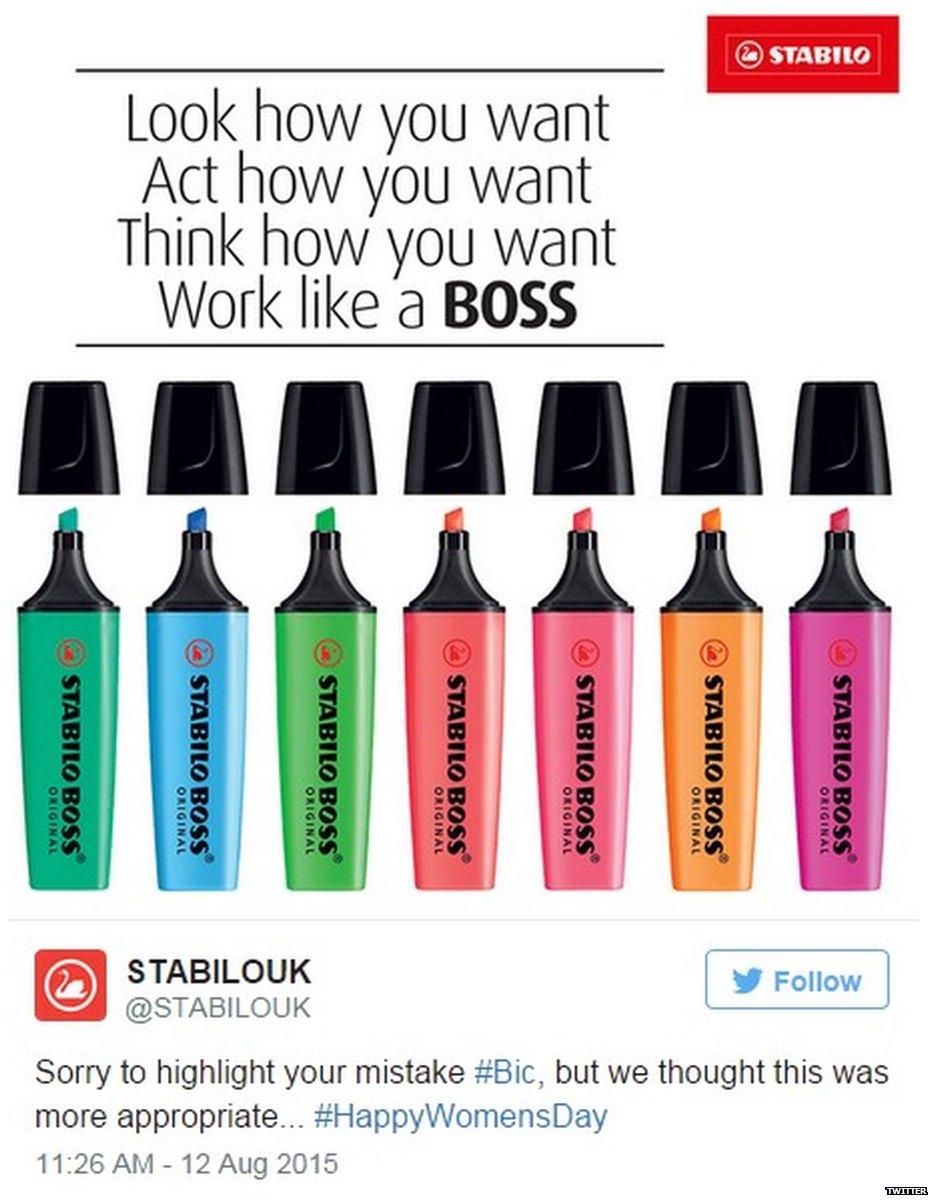 Tweet by Stabilo commenting on Bic's 'sexist' advert - August 2015