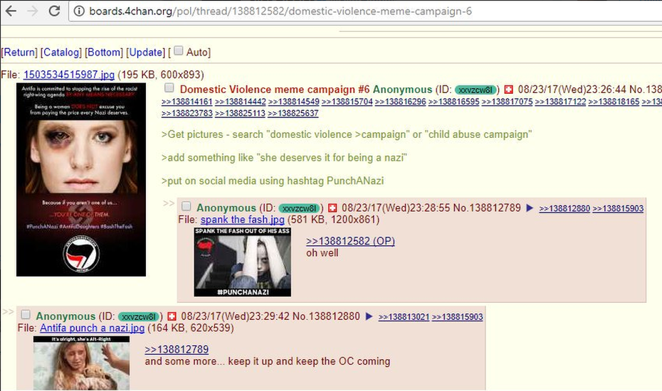 Screenshot from a 4Chan messageboard with instructions: Get pictures - search "domestic violence campaign" or "child abuse campaign", add something like "she deserves it for being a Nazi", put on social media using hashtag PunchANazi