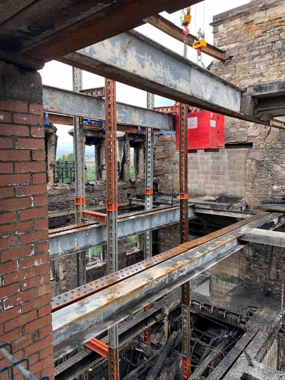 Steel beams inside a fire damaged building
