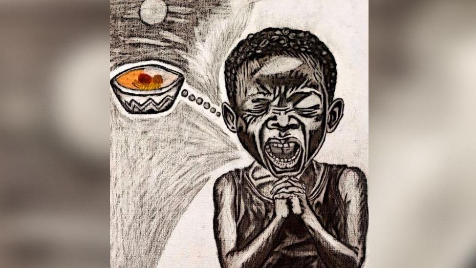 A black and white charcoal drawing of a young boy from Kenya with dark skin with his hands clasped in front of him in what looks like a pleading pose and with his face almost desperately pleading, with his eyes closed and mouth open.
In a thought bubble beside him is a bowl of food, showing what he is wishing for.
The sketch shows him wearing a black vest and there is what looks like a sun in the sky.