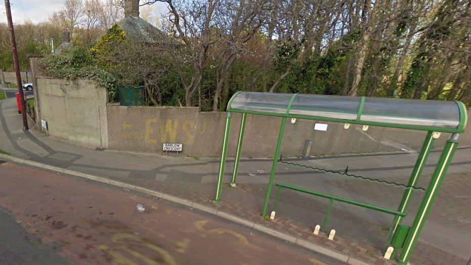A green-painted mostly-glass bus stop stands in front of a wall, behind which are trees and an obscured old green-painted bus stop in the undergrowth