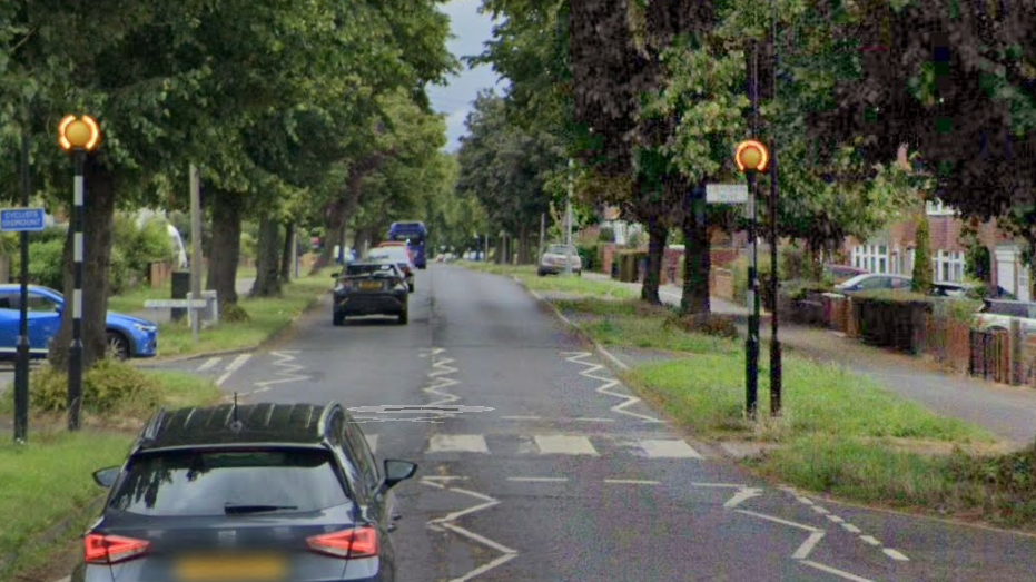 A zebra crossing on Beckfield Lane, Acomb, York. A residential street with large trees on either side of the road