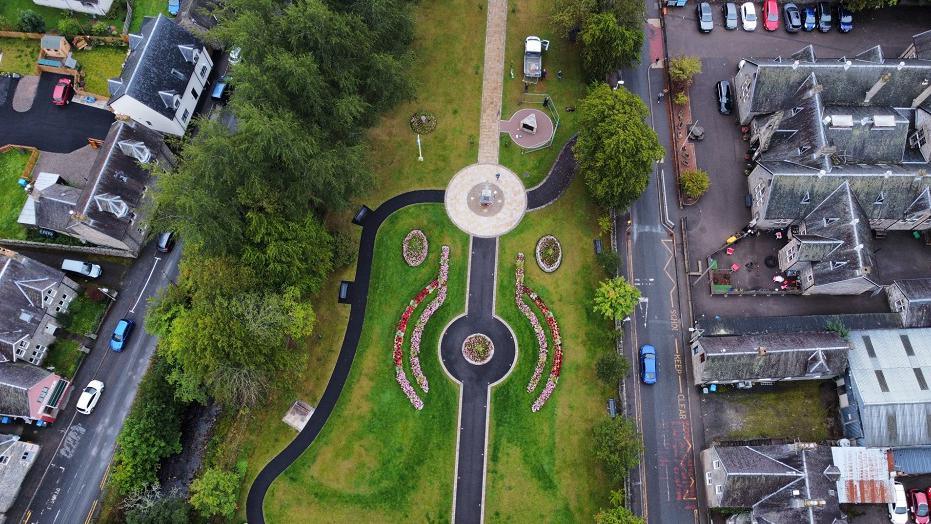 Aerial image of new memorial and gardens