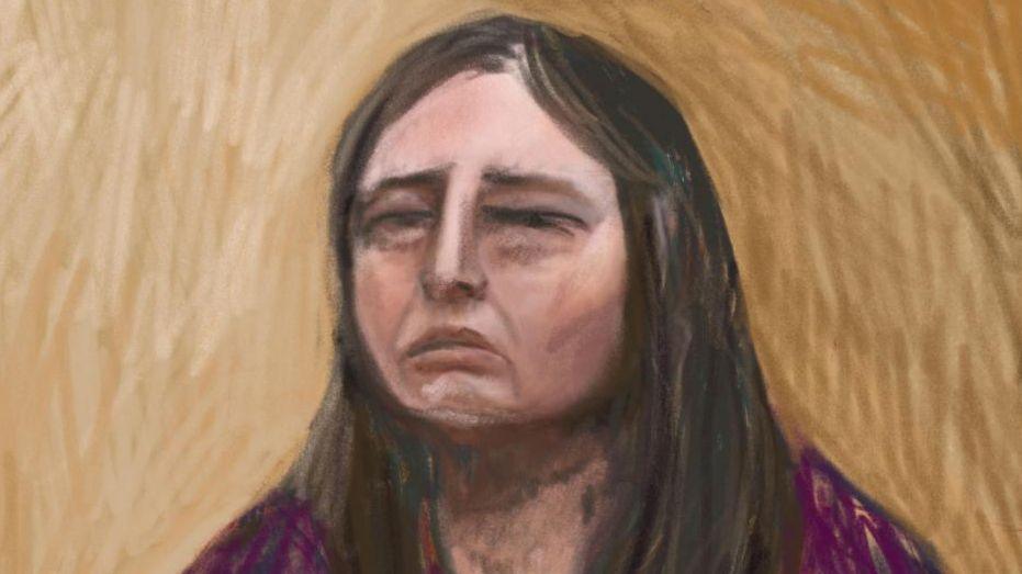 A court sketch of Erin Patterson, who has long brown hair and is wearing a purple shirt