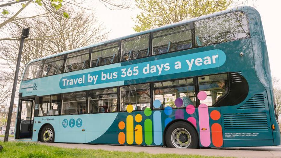 A turquoise double decker bus 