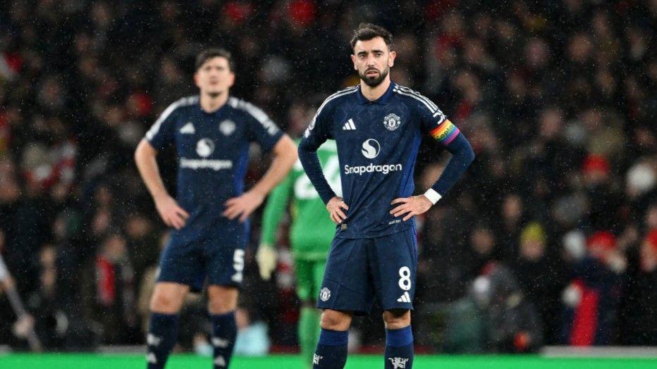 Manchester United skipper Bruno Fernandes (right) and defender Harry Maguire looking dejected during the 2-0 defeat at Arsenal 