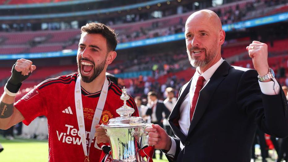 Man Utd captain Bruno Fernandes with former manager Erik ten Hag