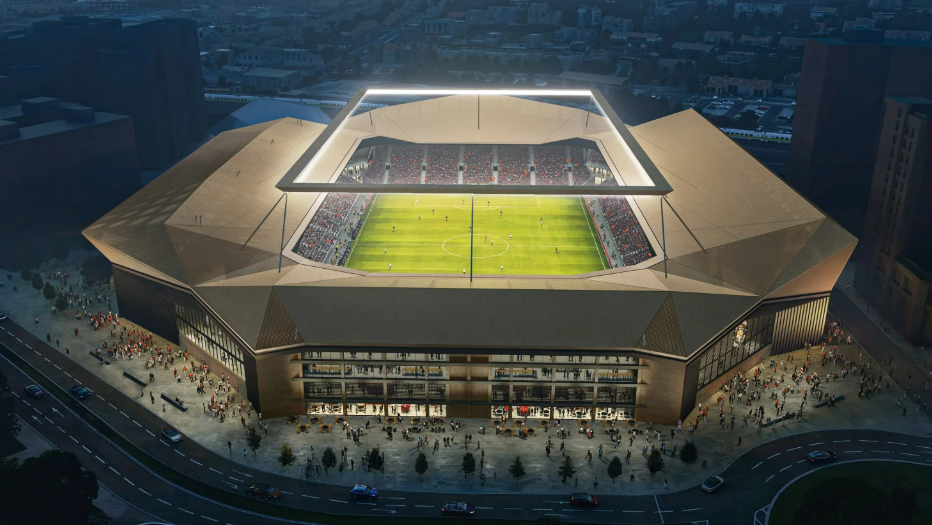 A CGI image of how the stadium could look from outside. The floodlights are on and the pitch can be seen. Outside are fans gathered.