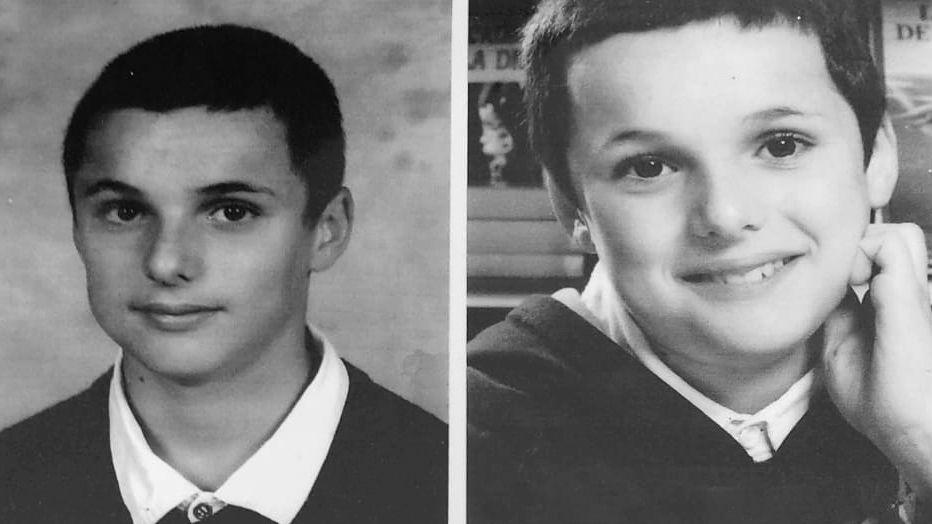 Two black-and-white photographs of a young boy with short hair