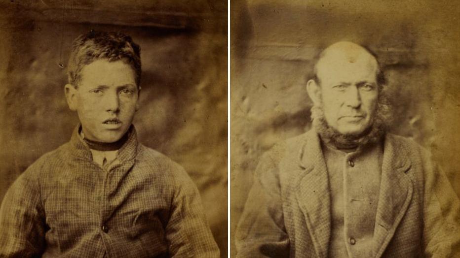A composite image of two sepia-tinged, black-and-white, close-up photographs of individuals taken in the 1870s. On the left, a boy with short fair hair wears a buttoned, checked jacket. On the right, a middle-aged man with a bushy beard and bald head wears a light jacket and buttoned-up waistcoat.
