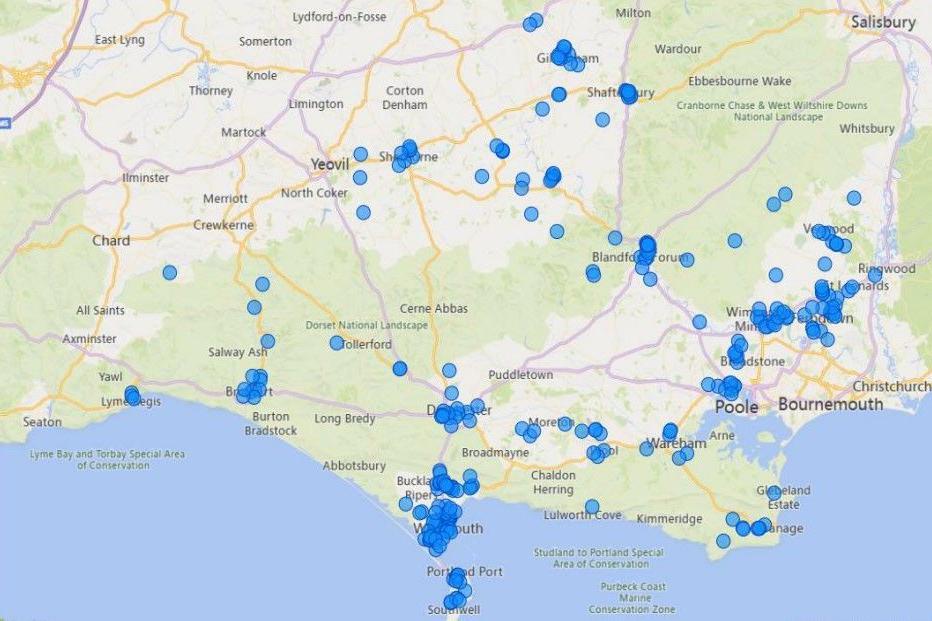 A map of Dorset covered in blue dots to represent the number of young people not in work or education. The highest concentration of dots is around Weymouth.
