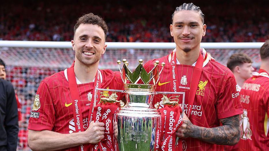 Diogo Jota and Darwin Nunez of Liverpool pose for a photograph with the Premier League trophy.