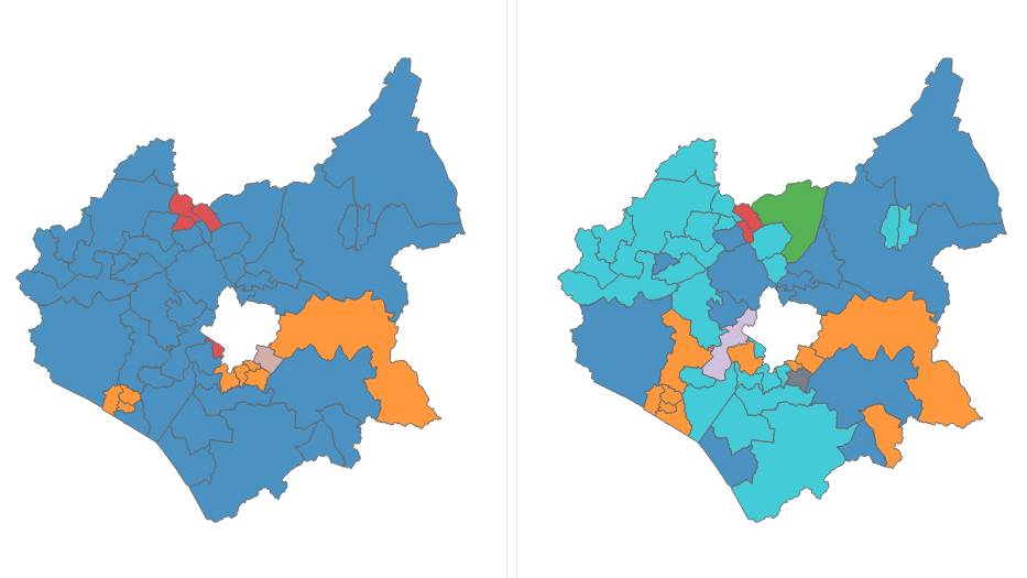Two maps of Leicestershire side by side with a series of lines setting out the election wards between the two. The map on the left is dominated by darker blue for the Conservatives while the one on the right, for after the election, shows a lot of lighter blue and far less darker blue.