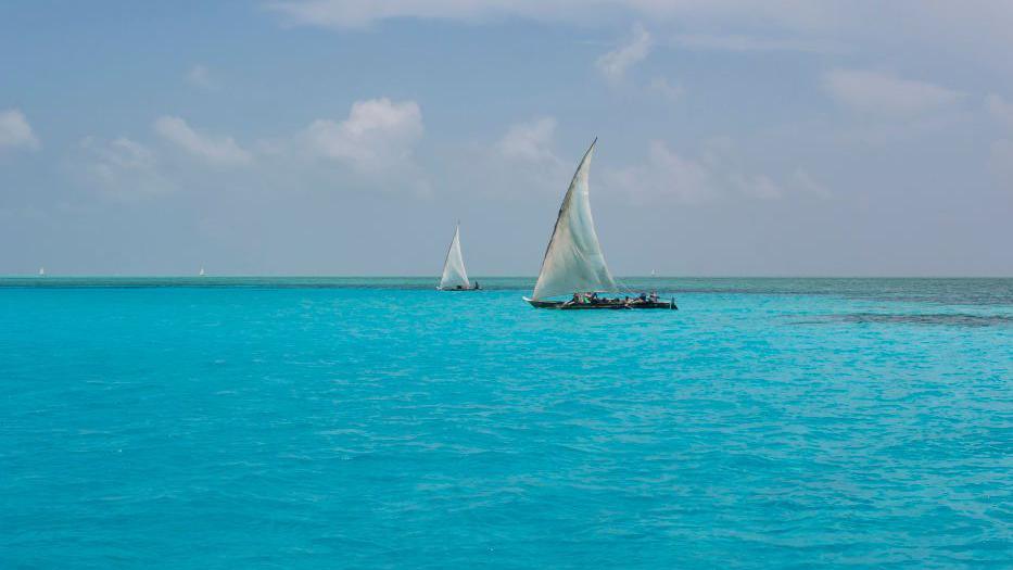 Traditional Dhow boats sail off the reef at Mnemba in the azure sea on 12th December 2008 in Zanzibar, Tanzania.