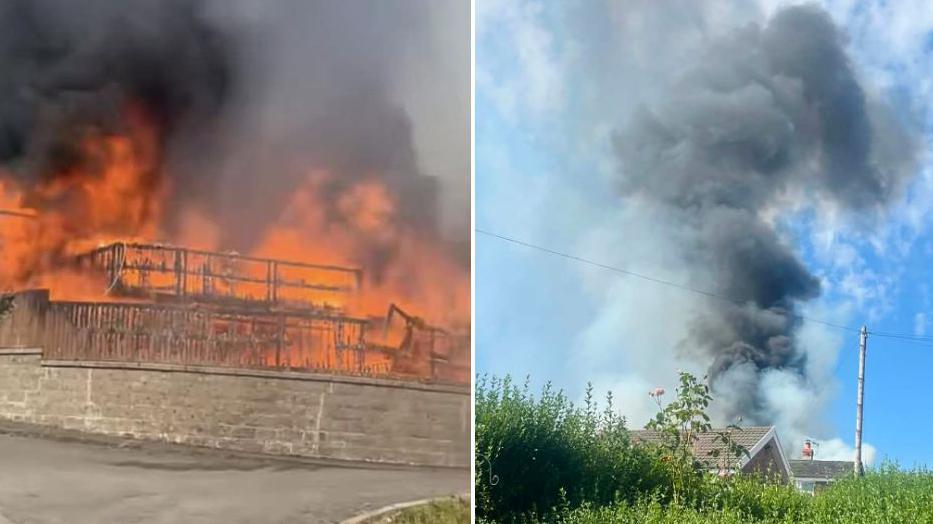 Two photos; one shows flames covering the front of a property and the other shows think black smoke rising high over homes