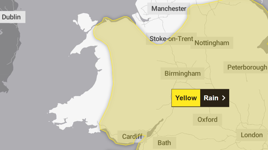 A map showing Wales and a part of England. Yellow is highlighting parts of Wales and England to show the areas the warning is impacting. 
