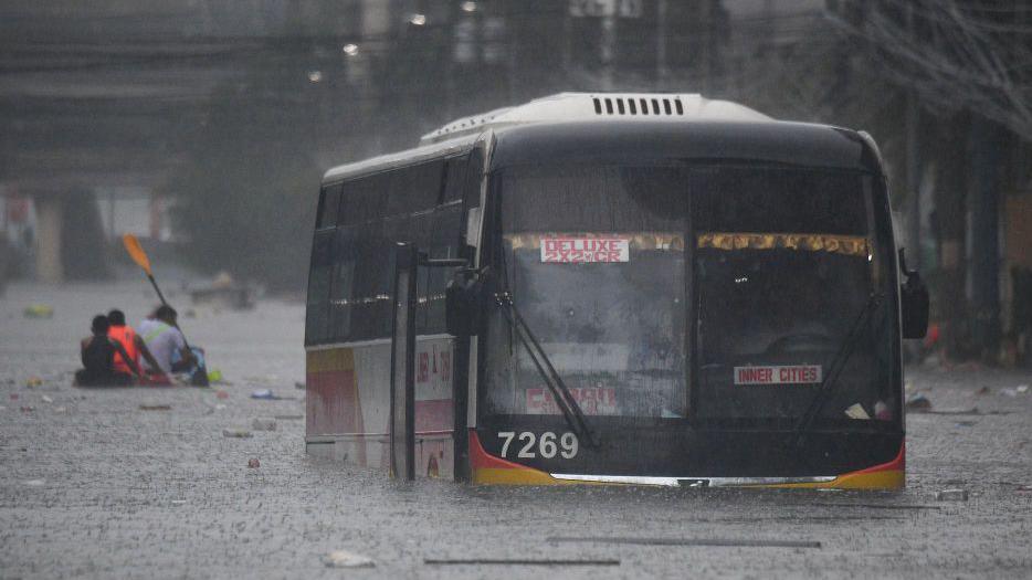 bus in floodwater. 