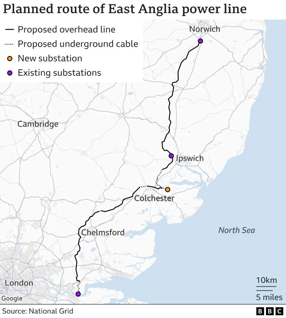 Map showing line from Norwich through Suffolk into Essex