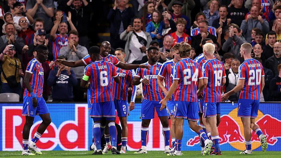 Jean-Philippe Mateta celebrates as he scores for Crystal Palace against Fredrikstad
