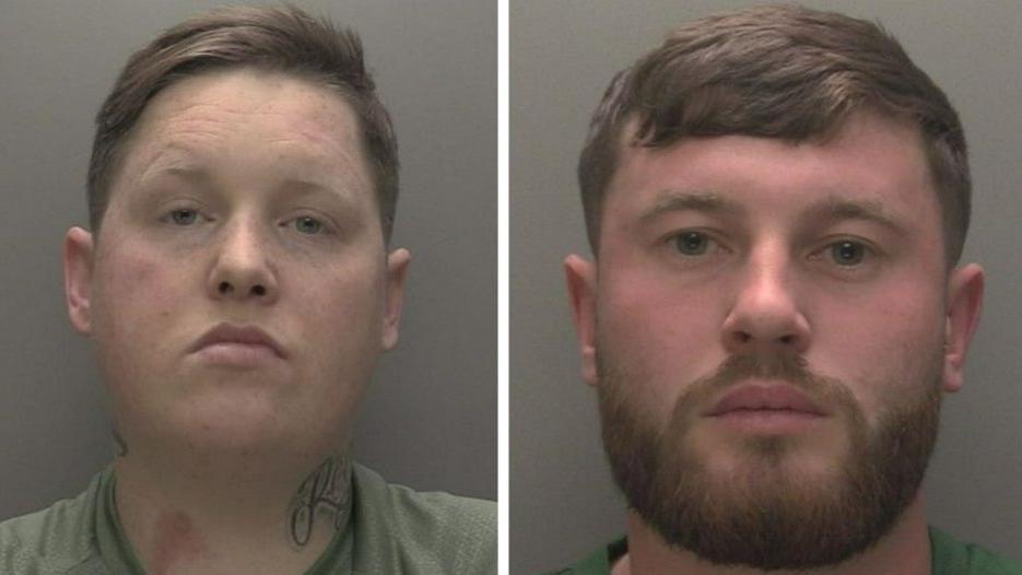 A montage of police custody shots showing two men, both looking at the camera with serious expressions, in front of a grey background. Rhys Bunce (left) has short brown hair, a neck tattoo and a birthmark. Regan Murray has brown hear with a fringe and a brown beard.