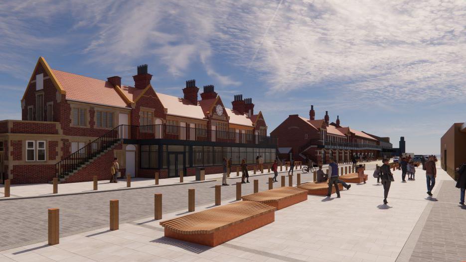 Artists impression of West Pier redevelopment showing refurbished buildings to the left and seating areas to the right