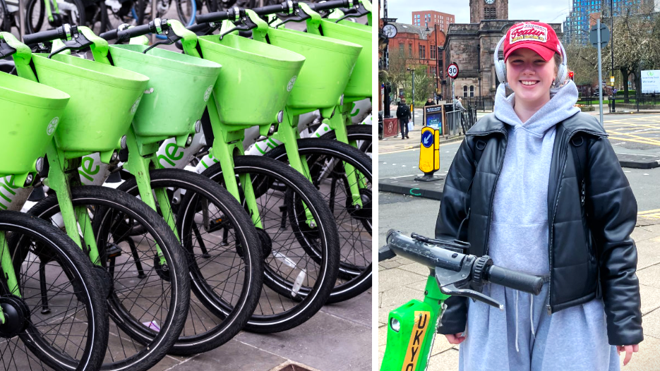Lime bikes are parked in a stack side by side in a composite image next to a picture of a young woman in a tracksuit.