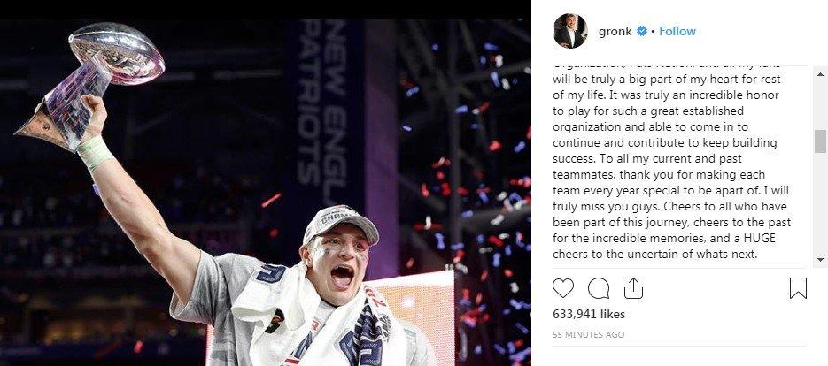 Rob Gronkowski's Instagram post in which he announced his retirement on Sunday