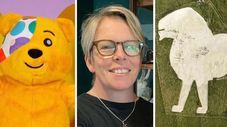 Edited image shows Pudsey Bear, a woman smiling and part of a chalk lion on a hill