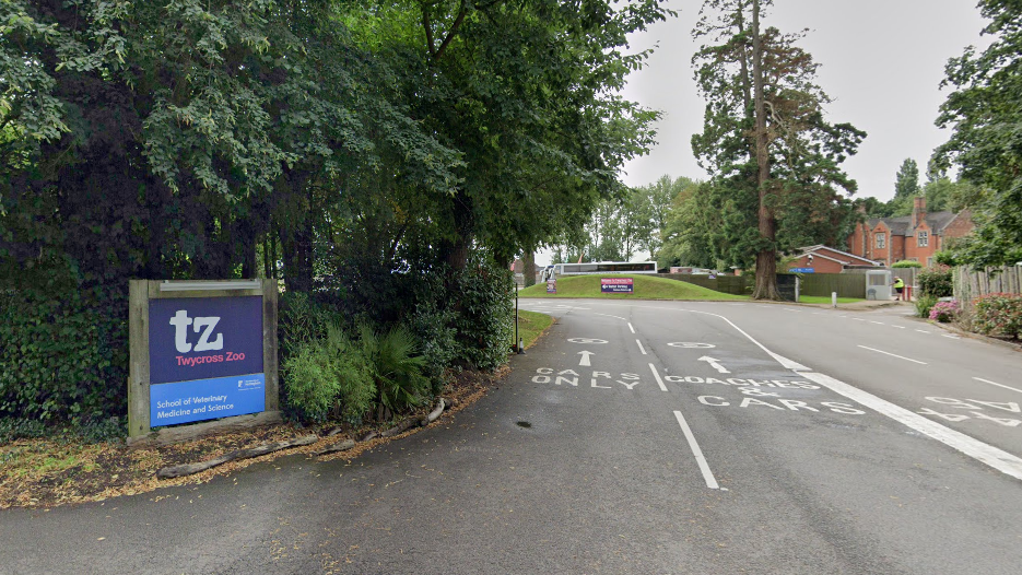 The entrance to Twycross Zoo with a two-lane road, a purple sign with the zoo's name on and trees at the side of the road.