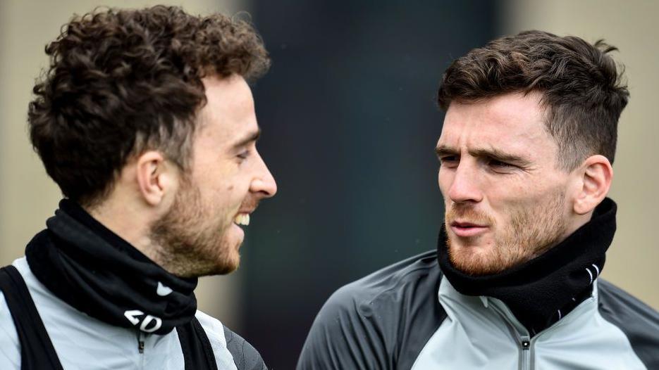 Jota and Andy Robertson at Liverpool training in February 2022