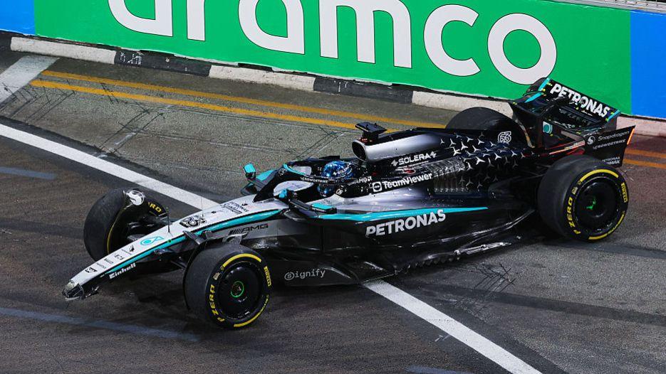 The damaged Mercedes of George Russell, minus a front wing, after his crash during second practice