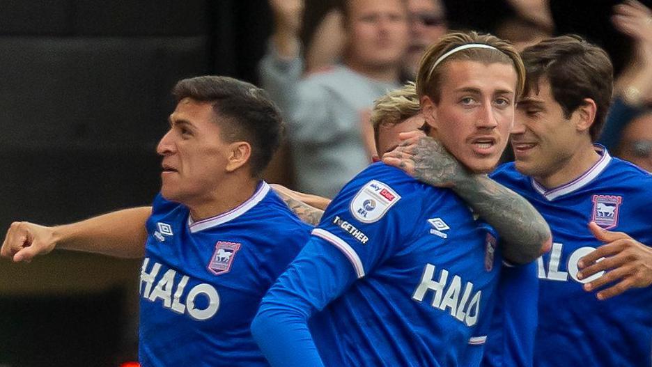Jack Clarke of Ipswich Town celebrates scoring his team's third goal 