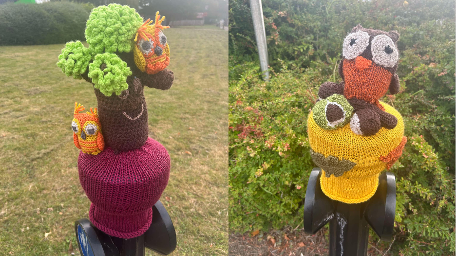 Two photos, one of a bollard with a knitted tree on top with orange and yellow birds. The other has an owl.