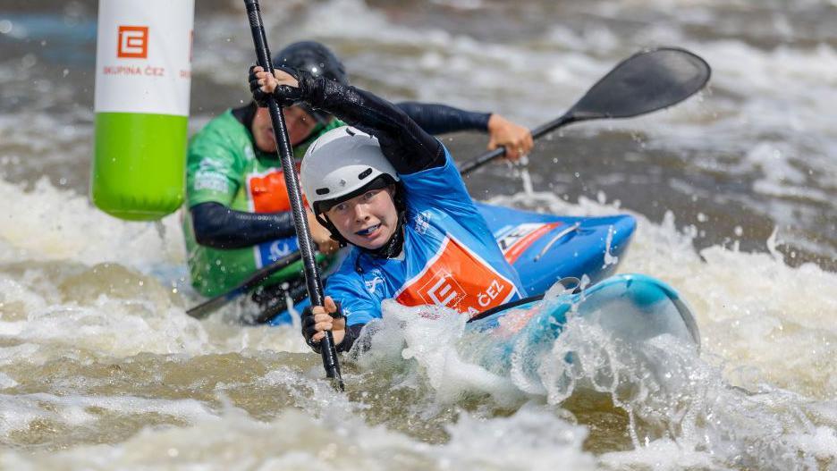 Lois Leaver competing at the Canoe Slalom World Cup event in Prague in 2024