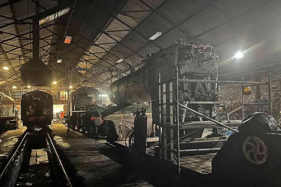 An evening shot inside the shed at Aviemore during the rebuild