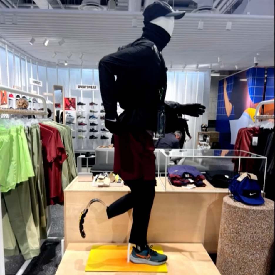 A mannequin with a running blade on display in store