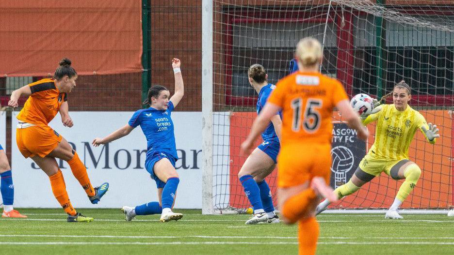 Glasgow City's Brenna Lovera (left) scores against Rangers
