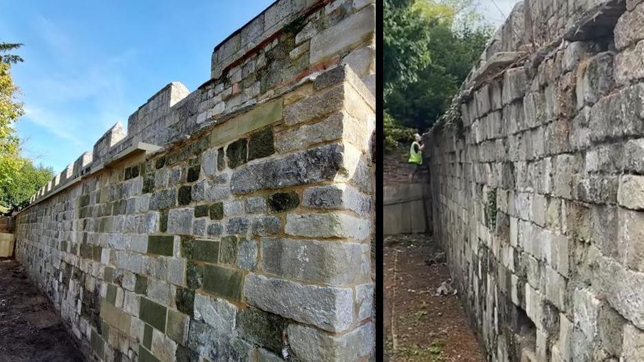 The same wall, but to the left looking neater with fresh mortar and to the right before repairs, with some missing stones and others not in correct place. Some weeds growing from them.