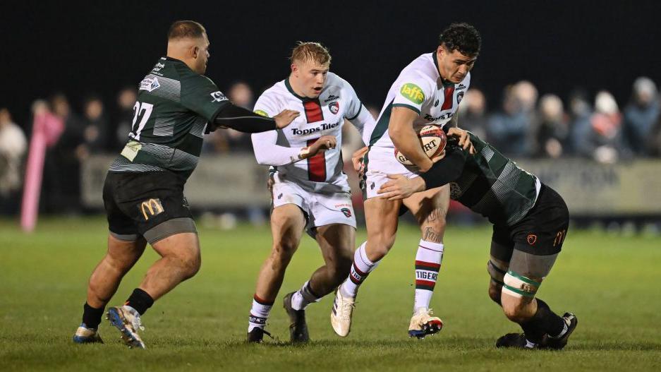 Izaia Perese carries the ball for Leicester against Nottingham