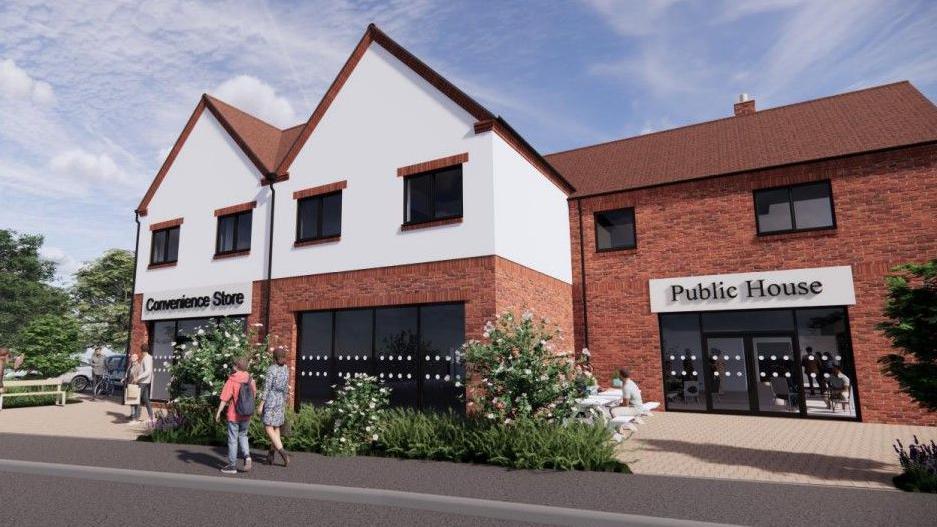 A CGI rendition of the proposed development showing a modern brick building with a sign reading "convenience store" at one end and another which says "public house" at the other. The first floor is rendered in white with windows belonging to flats. 