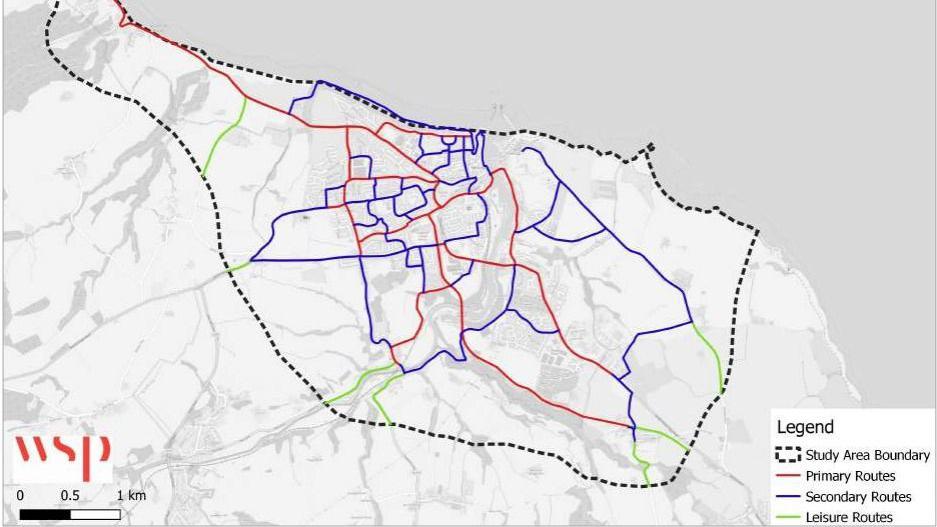 A map showing primary routes, secondary routes and leisure routes for cycling in and around Whitby.